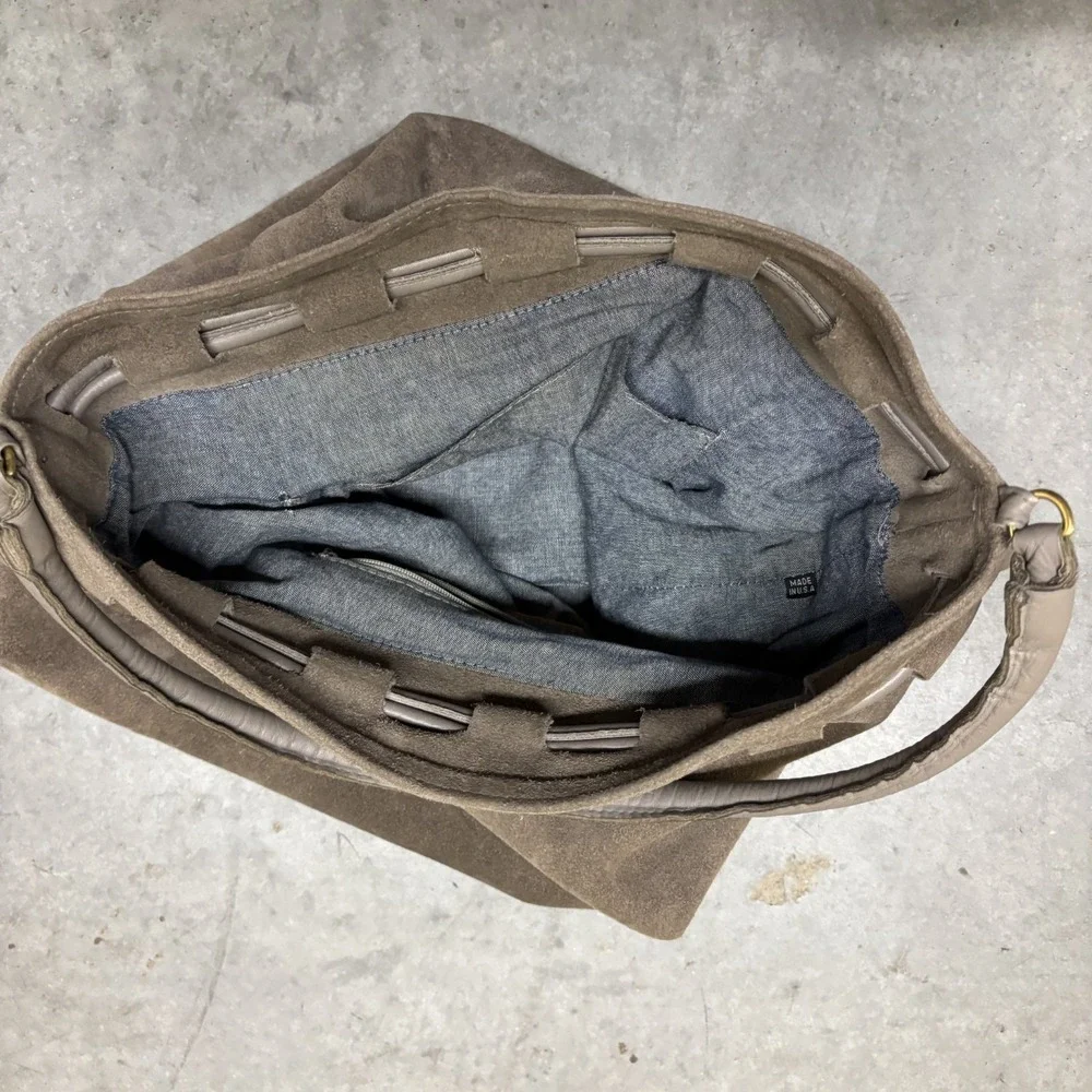 Clare V. Suede Hobo Cinch Drawstring Bag Purse Slouchy Leather Taupe Brown Tan